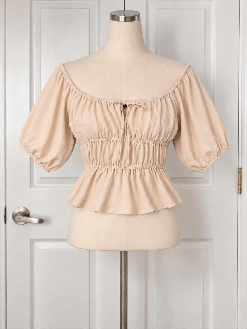 Blanque Womens Beige Off Shoulder Smocked Puff Sleeve Peasant Blouse Size XL